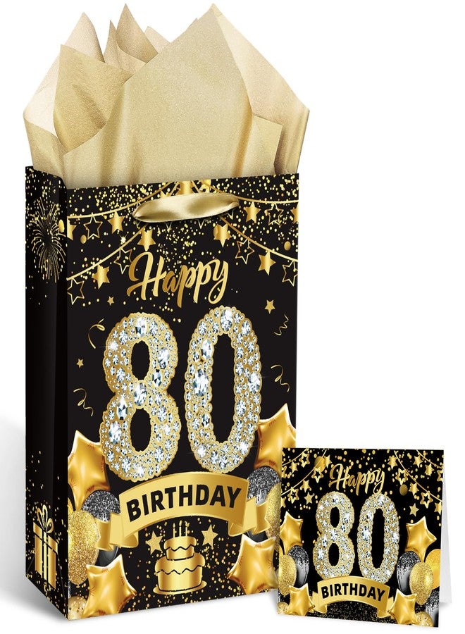 Yoirrat Black Gold 80th Birthday Gift Bag - Gold & Black Wrap Bags with Tissue Paper & Card - Candy Wrapping Bags for Men, Women & Christmas - Image 1